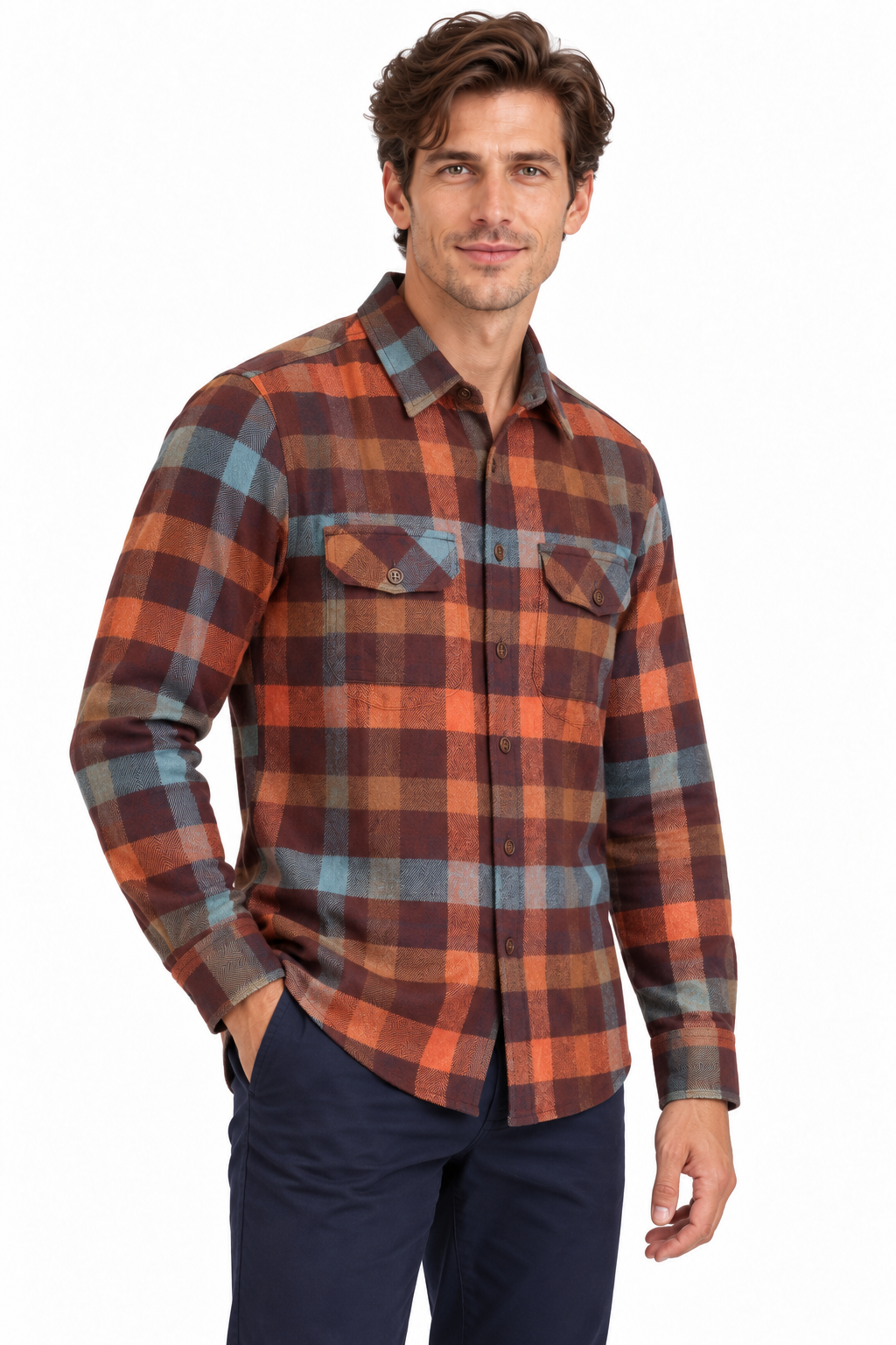 South Fork Men's Flannel Shirt - Chocolate-Amber-Teal - Beefy 8 oz. Flannel