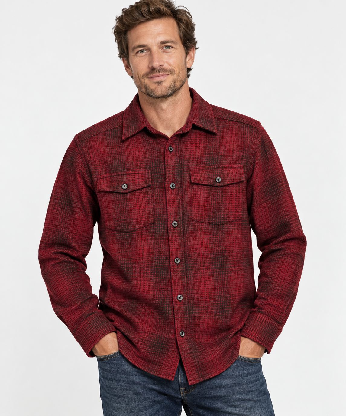 Highland Wool Men's Shirt - Red Ombre Plaid Shirt