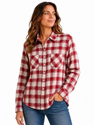 Libby Flannel Plaid Shirt-Cherry-Sage-100% Cotton Prewashed Just arrived!