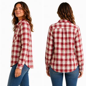 Libby Flannel Plaid Shirt-Cherry-Sage-100% Cotton Prewashed Just arrived!