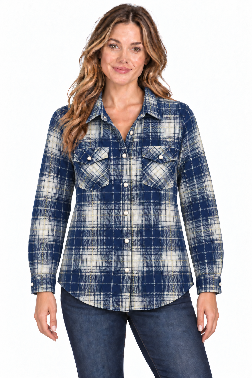 NEW!! Passion Pearl Snap Flannel Shirt-Navy-White-5 oz.-100% Cotton Prewashed