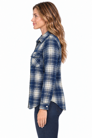 NEW!! Passion Pearl Snap Flannel Shirt-Navy-White-5 oz.-100% Cotton Prewashed