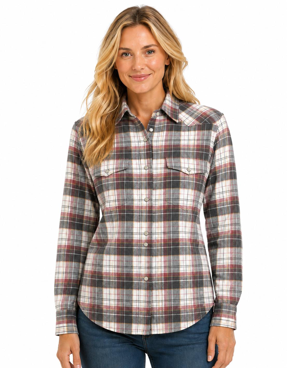 NEW!! Passion Pearl Snap Front Flannel Shirt-Rose-Ecru-5 oz