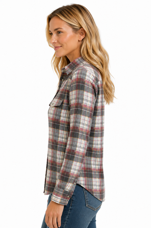 NEW!! Passion Pearl Snap Front Flannel Shirt-Rose-Ecru-5 oz
